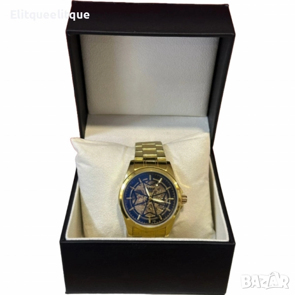 Луксозен автоматичен мъжки часовник LEIYI със златист корпус и син скелетон циферблат, снимка 1