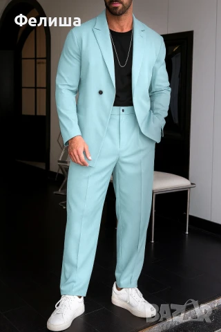 Мъжки Спортно Елегантен Небрежно Модерен Костюм Сияйно Бледо Синьо Сако+Панталон, снимка 11 - Спортни дрехи, екипи - 51007769