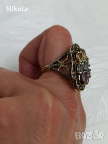 Антикварен дамски златен пръстен със сребро - диамантчета, цитрин, аквамарин, аметист-9карта., снимка 8 - Антикварни и старинни предмети - 52011520