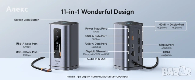 Hub USB докинг станция Baseus Spacemate Series 11-в-1, снимка 10 - Лаптоп аксесоари - 54001897