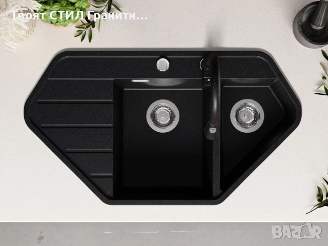 Графит ъглова кухненска гранитна мивка Копенхаген 900 Corner 900x500 мм