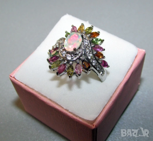 925 сребърен пръстен с огнен опал и турмалини, снимка 3 - Пръстени - 53871603