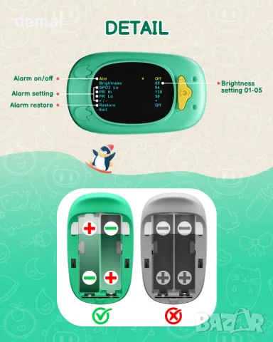 Педиатричен пулсов оксиметър, HOLFENRY кислороден монитор за пръст, снимка 5 - Други - 49859380