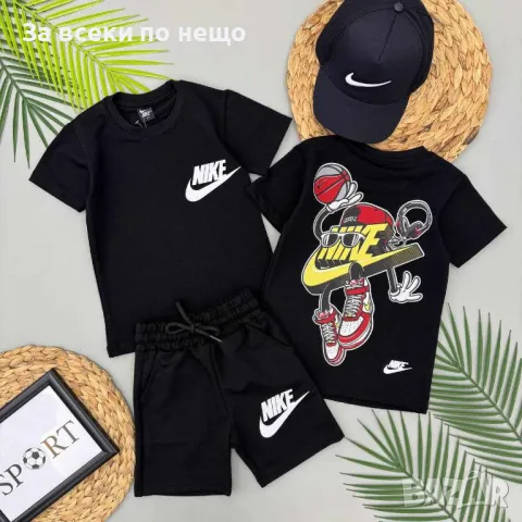 Nike Детски Черен Памучен Еластичен Къс Летен Комплект С Шапка Найк Код B328