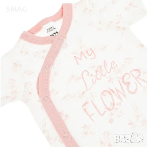 Бебешко памучно боди с къс ръкав и бели розови цветя My Little Flower 0-6 месеца S_1233524, снимка 2 - Бодита за бебе - 49894010