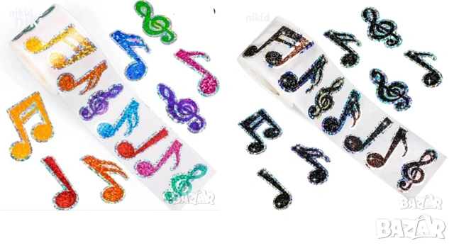 100 бр Ноти нота музика холограмни самозалепващи лепенки стикери ръчна изработка за подарък