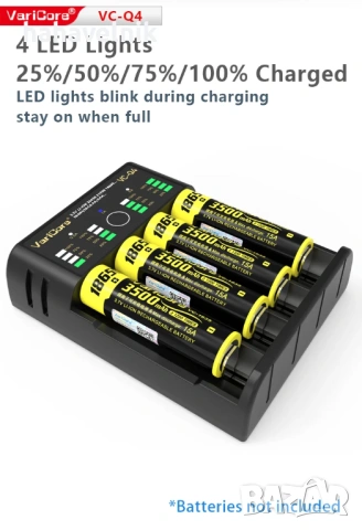 Универсално зарядно VariCore VCQ4 3.7V Lithium 18650 26650 21700 18500 18350 1.2V NI-MH Ni-Cd AA AAA, снимка 6 - Друга електроника - 53957963
