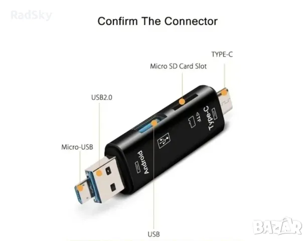  5-в-1 USB Type C/USB/Micro USB/TF/SD четец на карти с памет OTG адаптер!, снимка 3 - Друга електроника - 48524308