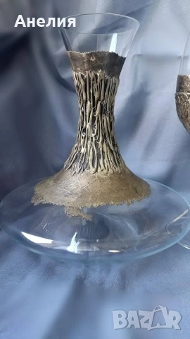Комплект гарафа и 2 чаши за вино ръчна изработка , снимка 4 - Чаши - 53040005