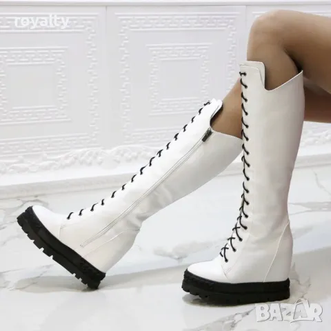 Ботуши на платформа - бяла кожа с черно ходило