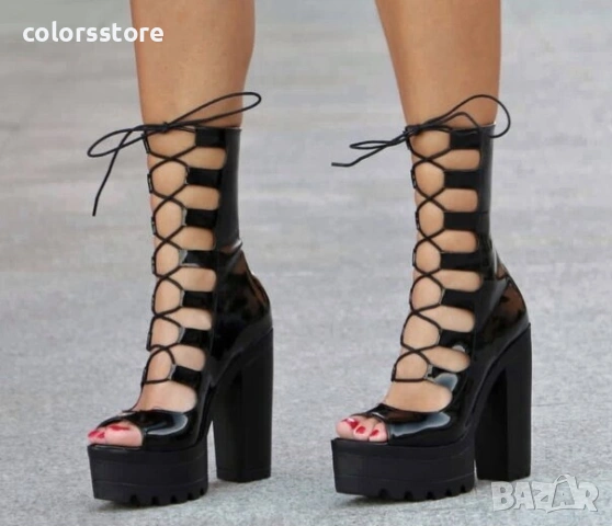 Летни боти на ток - черен лак - 101