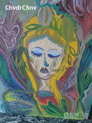 Anita Nilson 61х51см наивизъм/шведска абстрактна картина масло върху платно/женски портрет, снимка 2 - Картини - 50336646