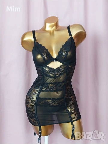 LASCANA 75 D Моделираща черна, дантелена рокля с жартиери за чорапи 