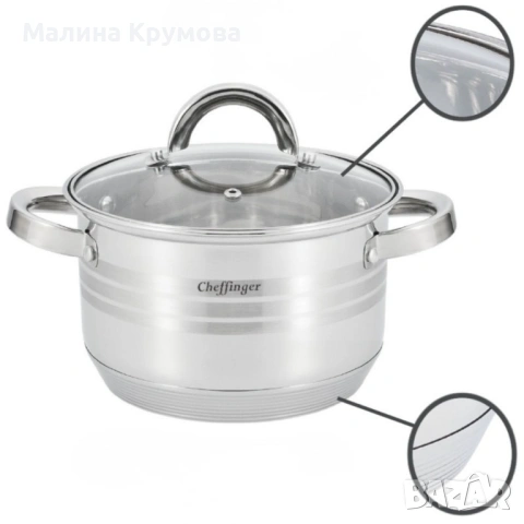 Комплект съдове за готвене 12 части Cheffinger, с индукционно дъно и стъклени капаци – тенджери, кас, снимка 3 - Съдове за готвене - 53175014