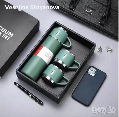 Подаръчен комплект термос с 3 чаши, зелен, розов, сив