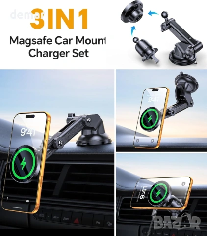 Coolpow 3 в 1 стойка и магнитно безжично зарядно за кола Magsafe, 15W, снимка 2 - Аксесоари и консумативи - 53533625