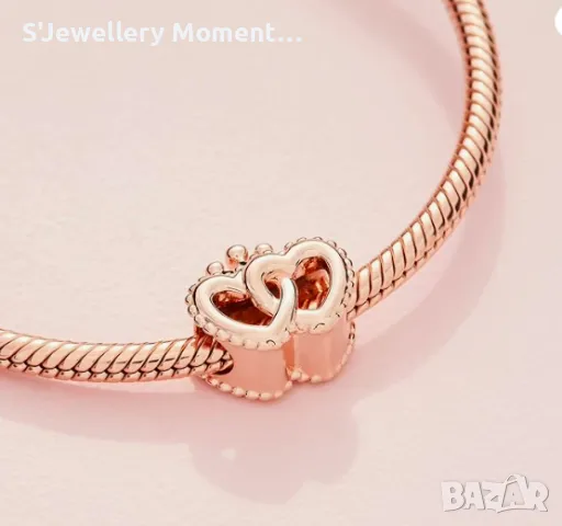 Сребърен елемент PANDORA 925 Rose Gold Crown & Entwined Hearts, снимка 2 - Гривни - 46976203