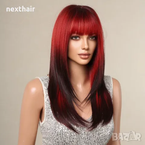 Ефектна омбре перука черно червена с бретон 60 см