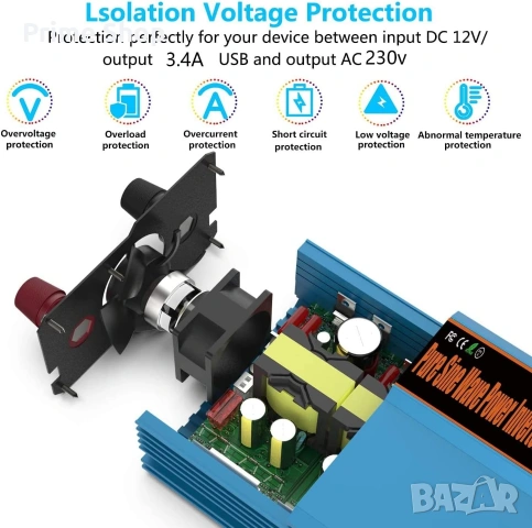 1000W инвертор чиста синусоида 12V-230V с адаптер за запалка и кабели, снимка 5 - Друга електроника - 53754153
