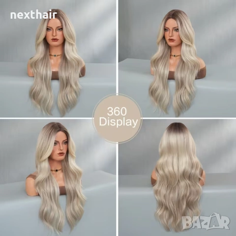 Пепеляво руса перука Ombre - тъмни корени, преливни руси нюанси, 78 см, снимка 6 - Аксесоари за коса - 53559033