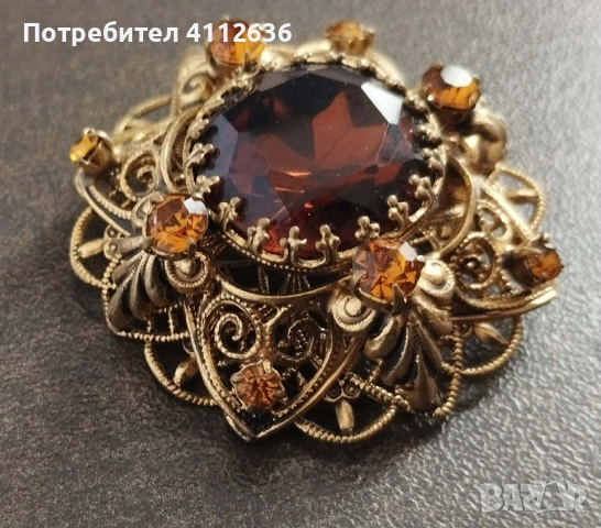 Винтидж чешка брошка с цитриново стъкло от 50-те, снимка 2 - Други - 53989021
