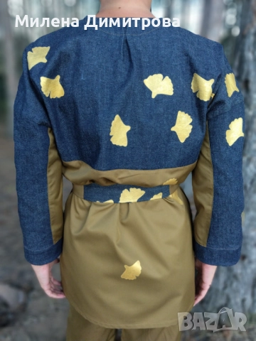 Кимоно с деним и ръчно рисувана Гинко Билоба , снимка 4 - Сака - 52156077