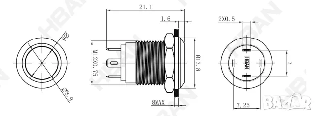 Бутон със синя подсветка, моментен, 22мм монтажен отвор, 12-24V, снимка 3 - Друга електроника - 48062950