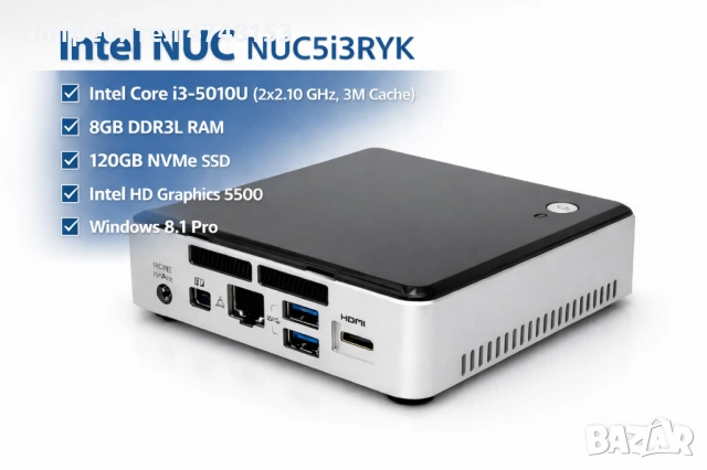 Intel NUC NUC5i3RYK – Компактен мини компютър с висока  Cache)	8GB DDR3L	7265D2W	120GB NVMe	Intel HD, снимка 3 - Работни компютри - 53678301