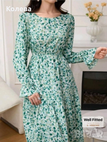 Шарена зелена рокля с дълъг ръкав, снимка 3 - Рокли - 52217119