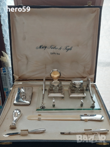 Стар сребърен писалищен  комплект на италиански чиновник-сребърна мастилница писалка печат нож 