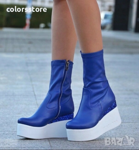 Боти на платформа - синя кожа със син брокат и бяло ходило - 121K
