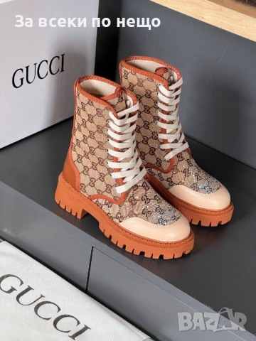 Gucci Дамски Бежови Боти С Връзки Гучи Код E1275, снимка 6 - Дамски боти - 53756150