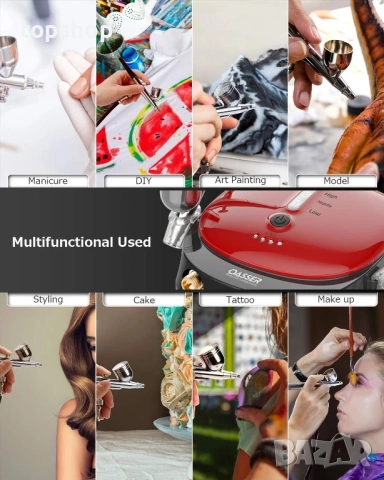 Комплект за аерограф Oasser, компресор, ръчен с двойно действие, литиева батерия, авто спиране с LED, снимка 6 - Гедорета - 51628764