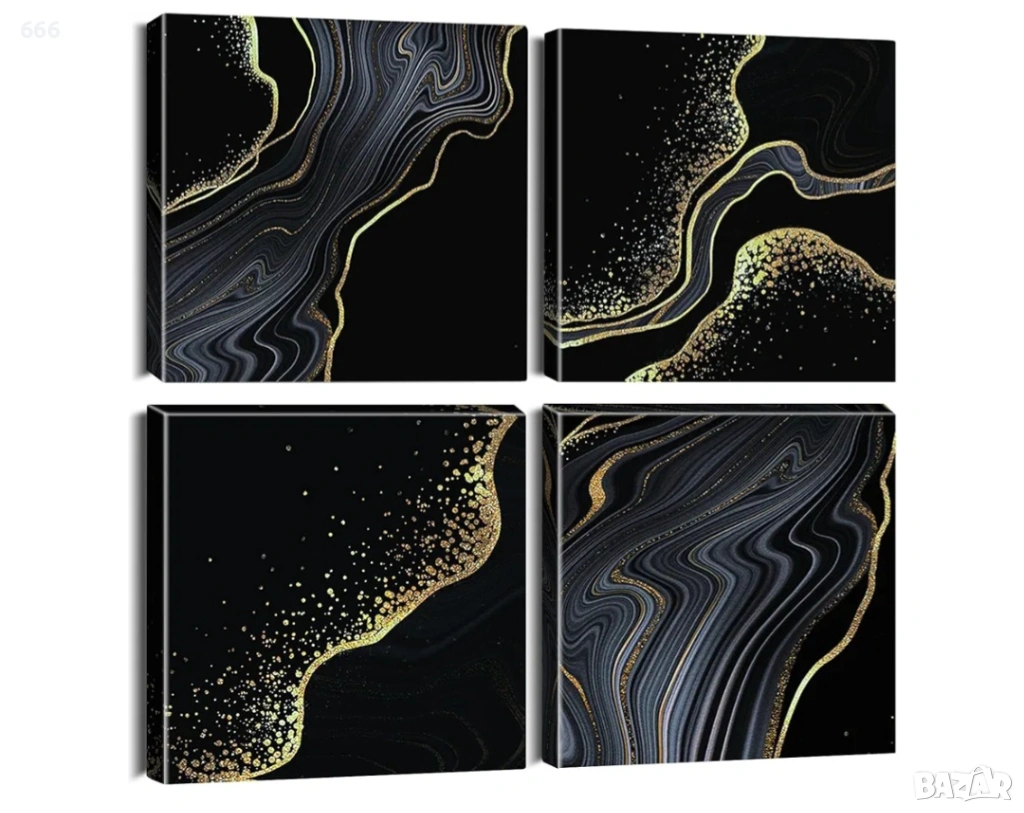 Artscope 4 части Абстрактни стенни картини върху платно - Черен мрамор, златен, плаващ пясък, снимка 1