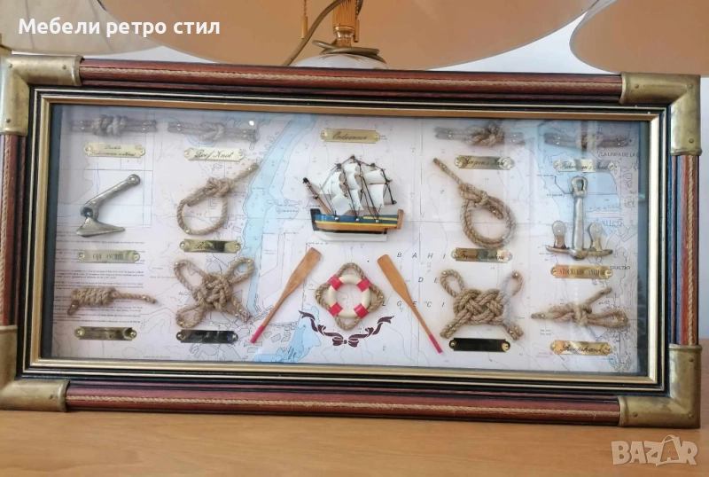 Красива и стилна ретро колекция  ''Корабна картина''. Декорация от  дърво, стъкло и меден обков. , снимка 1