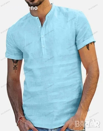 Ликвидация! Мъжка памучно-ленена риза с V-образно деколте и къси ръкави - Доставка 24 часа , снимка 1