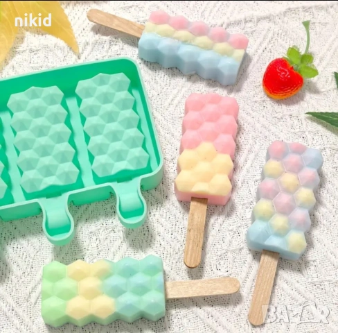 4 геометрични килийки диамантени ескимо сладолед Popsicle Попсикъл молд силиконов форма калъп