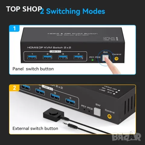 VPFET HDMI&DP KVM превключвател 2 монитора 2 компютъра 4K120HZ 8K60HZ, снимка 3 - Кабели и адаптери - 49420407