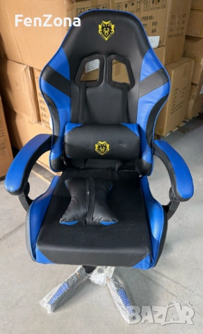 Ергономичен геймърски стол с масажна функция и поставка за крака – черно-син