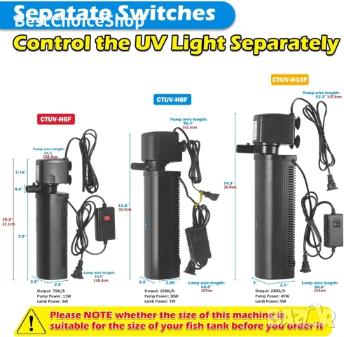 Потопяем филтър с UV светлина 1500L/h за аквариуми 150-600 литра - 4-в-1 за сладководни/соленоводни, снимка 9 - Оборудване за аквариуми - 54180533