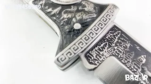 ловен сгъваем нож с кожен калъф гравиран елен и ловец 100х230 мм, снимка 2 - Ножове - 53862457