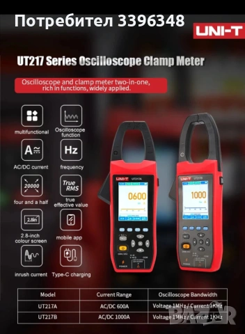 Амперклещи UNI-T UT217A UT217B Осцилоскоп Мултиметър Клещи 1000V AC DC 1000A True RMS Bluetooth, снимка 2 - Други инструменти - 54227056