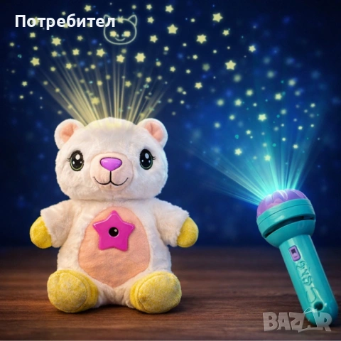 Плюшена играчка с нощна лампа 2в1 + детски фенер-проектор със светлинни картинки – комплект за уют и, снимка 6 - Плюшени играчки - 53711457