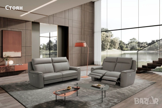 Италиански сив кожен комплект дивани тройка и двойка с ел. релакс