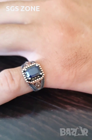 Мъжки сребърен пръстен със сапфир и марказити от Тайланд, снимка 4 - Пръстени - 53384754