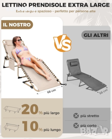 Сгъваем шезлонг KingCamp, голям подплатен градински шезлонг с 5 регулируеми позиции, 200 х 68 см, снимка 4 - Къмпинг мебели - 52776998