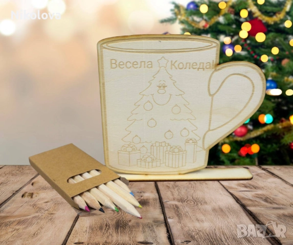 Коледна дървена фигурка за оцветяване със стойка и моливи, снимка 3 - Фигурки - 52276070