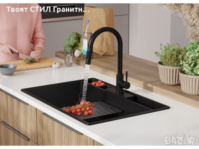 Черна кухненска гранитна мивка Ню Йорк 80 Multispace 780 x 530 мм -22% Ново, снимка 4 - Мивки - 51834704