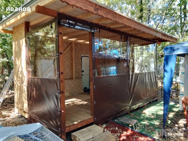 Остъкление тип плъзгане, раменни тенти, ветроупорни завеси, метални конструкции