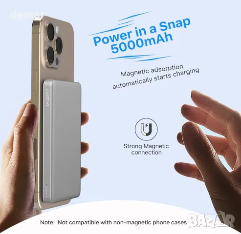 JUOVI Магнитна безжична външна батерия, ултратънка 5000mAh, 20W PD (бяла), снимка 3 - Външни батерии - 50399992